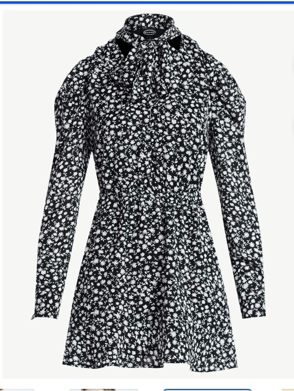 Scoop Women's  Tie Neck Mini Dress with Long Sleeves, Sizes XS -black and white